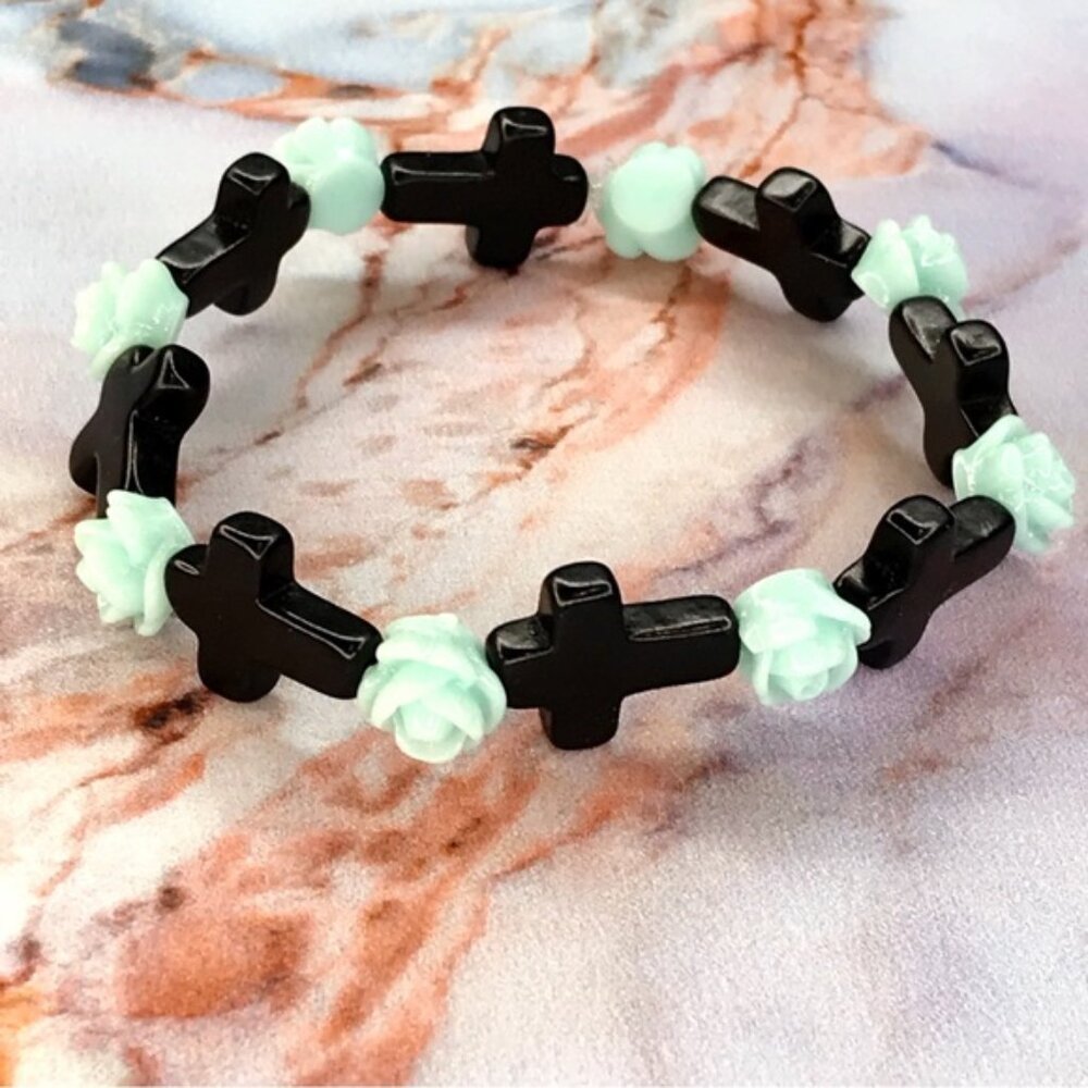 Rose & Cross Handmade Beaded Bracelet Light Blue